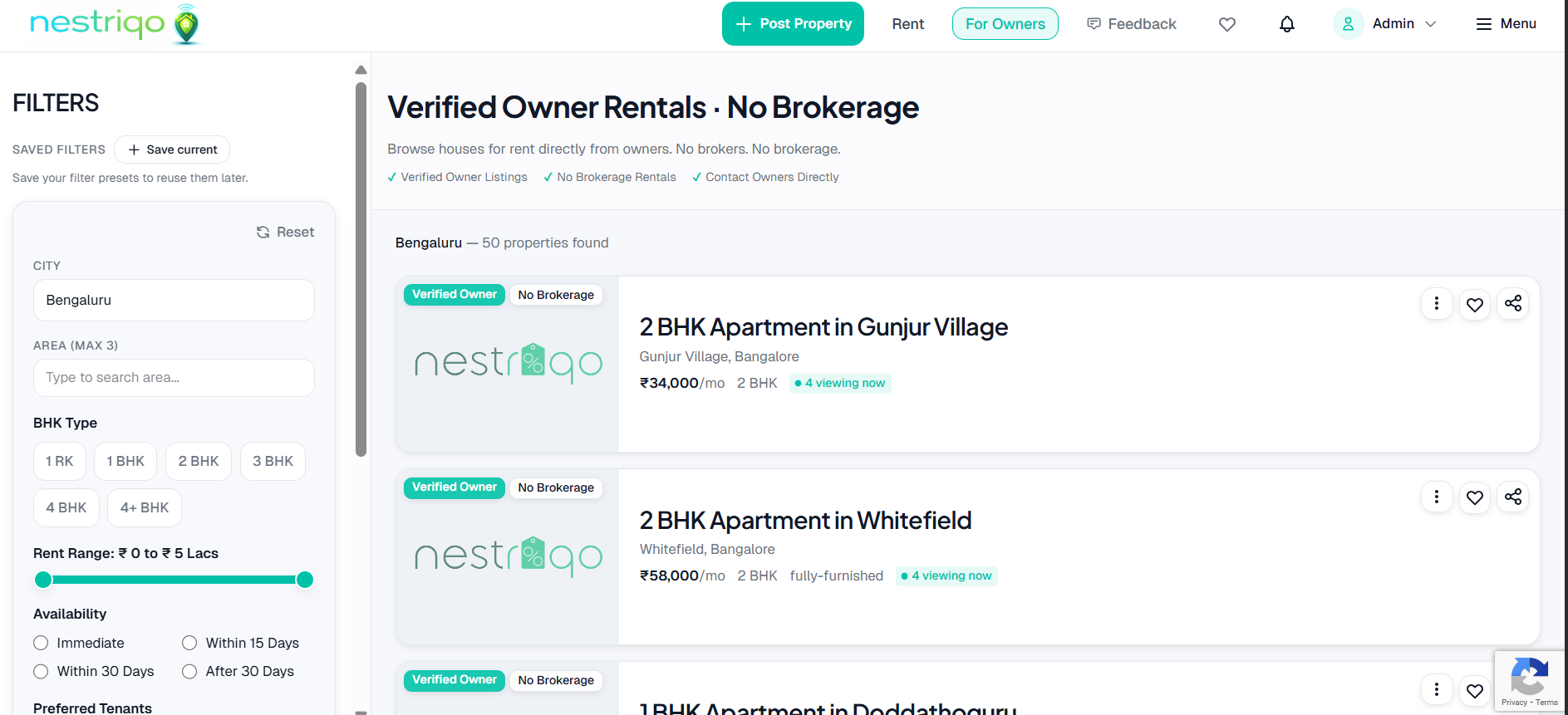 Property listing page - search and filter rentals