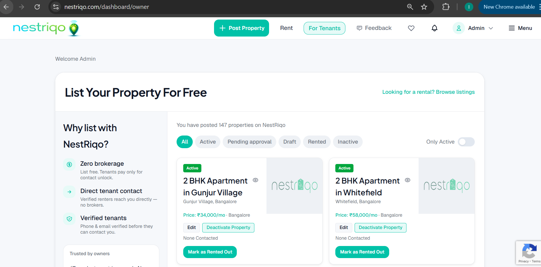 Owner dashboard - manage property listings